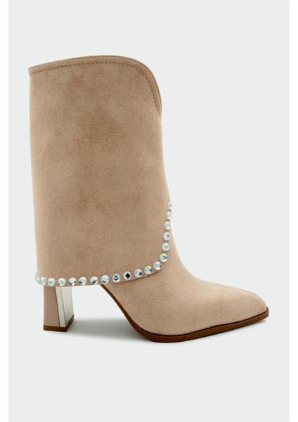 Samira Bej Süet Kadın Taş Detaylı Topuklu Bot