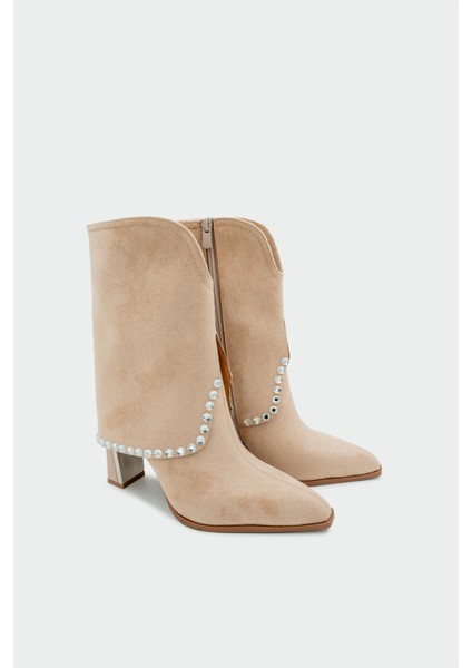 Samira Bej Süet Kadın Taş Detaylı Topuklu Bot fiyatları