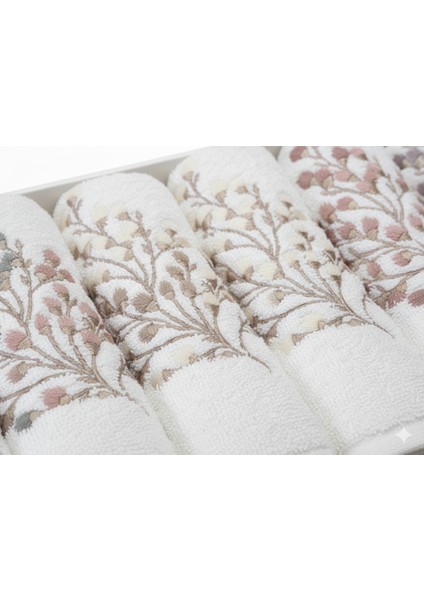 6'lı Lüks Nakış Işlemeli Havlu Seti | Çağla Yeşili Bej Beyaz Pembe Tonları (Misafir/yüz Havlusu)