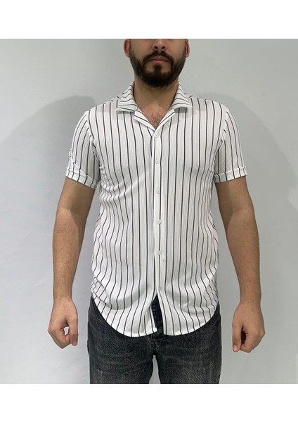 Beyaz Renk Kahve Çizgili Oversize Erkek Gömlek