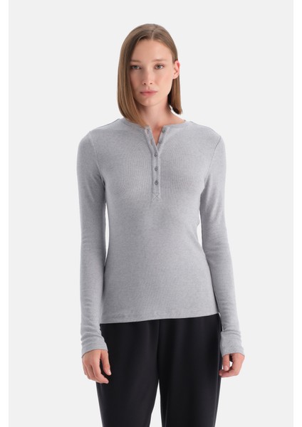 Gri Melanj Yarım Düğmeli Kaşmir Modal Uzun Kollu Tişört