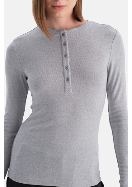 Gri Melanj Yarım Düğmeli Kaşmir Modal Uzun Kollu Tişört indirimleri