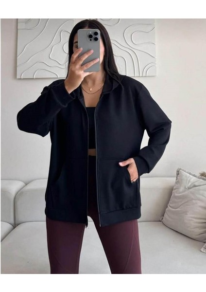Kadın Siyah Kapüşonlu Cepli Fermuarlı Sweatshirt