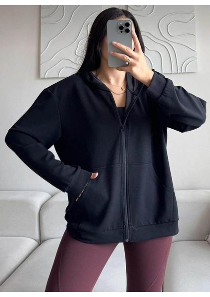 Kadın Siyah Kapüşonlu Cepli Fermuarlı Sweatshirt fiyatları