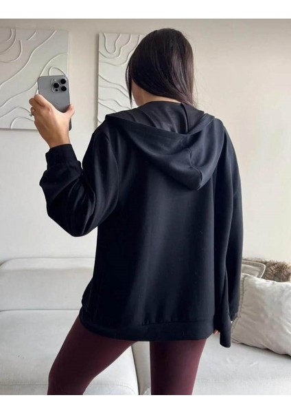 Kadın Siyah Kapüşonlu Cepli Fermuarlı Sweatshirt modelleri
