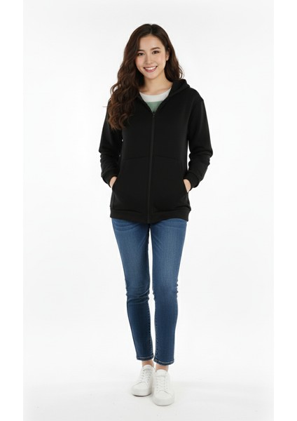 Kadın Siyah Kapüşonlu Cepli Fermuarlı Sweatshirt fırsatları