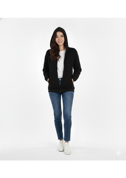 Kadın Siyah Kapüşonlu Cepli Fermuarlı Sweatshirt indirimleri