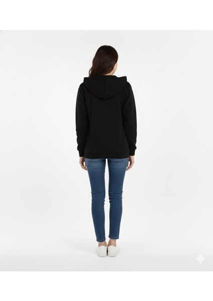 Kadın Siyah Kapüşonlu Cepli Fermuarlı Sweatshirt