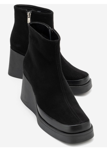Lıvıa Siyah Süet Hakiki Deri Kadın Dolgu Topuklu Bot