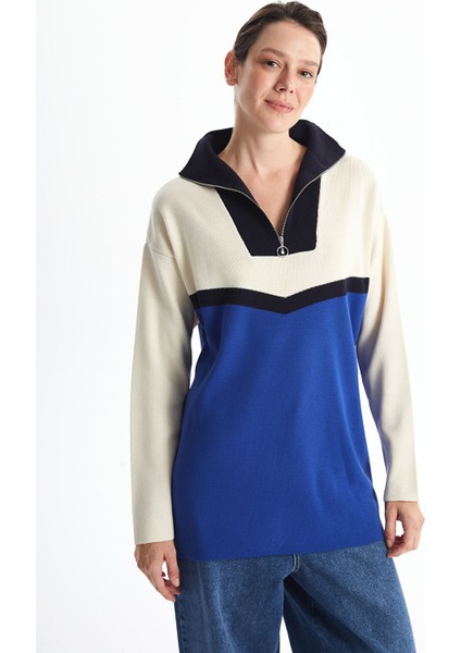 Yeni Sezon Dik Yaka Renk Bloklu Kadın Triko Tunik