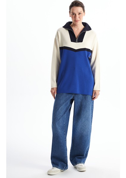 Yeni Sezon Dik Yaka Renk Bloklu Kadın Triko Tunik fiyatları