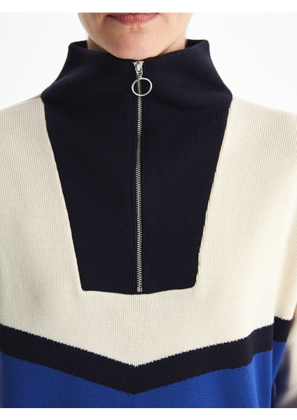 Yeni Sezon Dik Yaka Renk Bloklu Kadın Triko Tunik modelleri