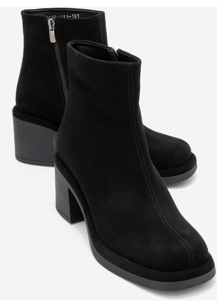 Junae Siyah Süet Hakiki Deri Kadın Kalın Topuklu Bot