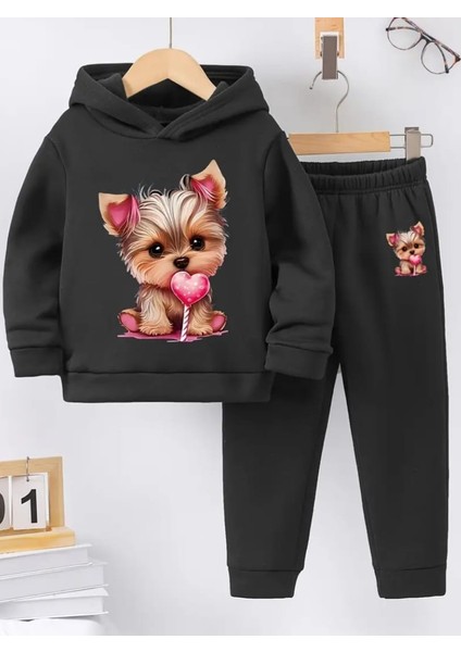 Punıx Kıds Sevimli Şeker Yavru Köpek Baskılı 3 Iplik Kalite Kapüşonlu Kalın Kışlık Trend Kız Çocuk Alt Üst Eşofman Takımı