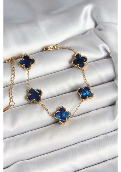 316L Çelik Sedefli Lacivert Gold Renk Yonca Kadın Bileklik