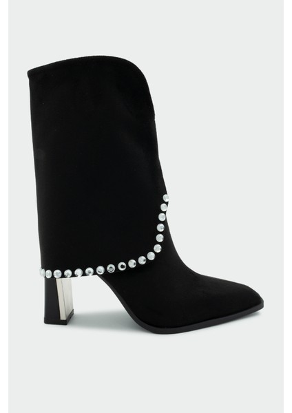 Samira Siyah Süet Taş Detaylı Topuklu Bot