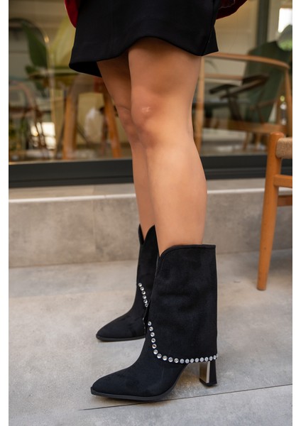 Samira Siyah Süet Taş Detaylı Topuklu Bot modelleri