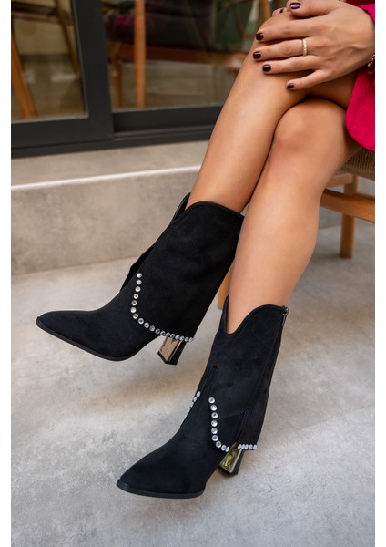 Samira Siyah Süet Taş Detaylı Topuklu Bot indirimleri
