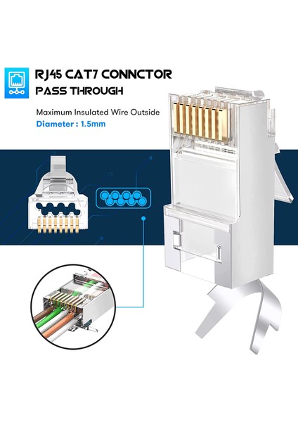 80 Adet Yeni Nesil Ez Delikli Cat7 Yüksek Performanslı Altın Kaplama RJ45 8P8C Cat7 Konnektör Stp Jak Utp Ethernet Konnektörü