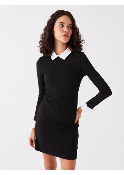 Yeni Sezon Gömlek Yaka Düz Uzun Kollu Elbise