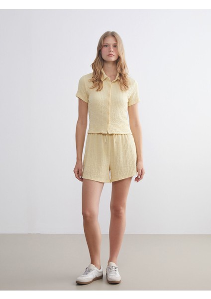 Yeni Sezon Beli Lastikli Dokulu Kadın Şort
