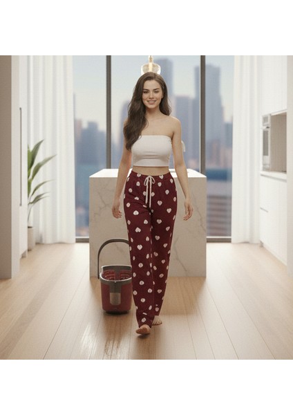 Kırmızı Kumaş Üzerine Beyaz Kalp Desenli Pijama Tek Alt modelleri