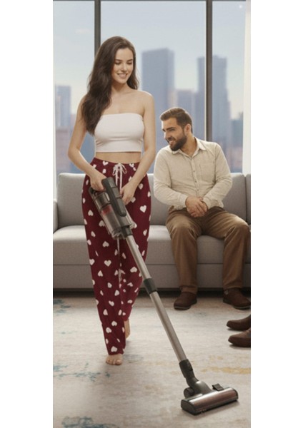 Kırmızı Kumaş Üzerine Beyaz Kalp Desenli Pijama Tek Alt fırsatları