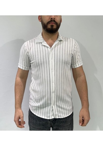 Beyaz Renk Gri Çizgili Oversize Erkek Gömlek