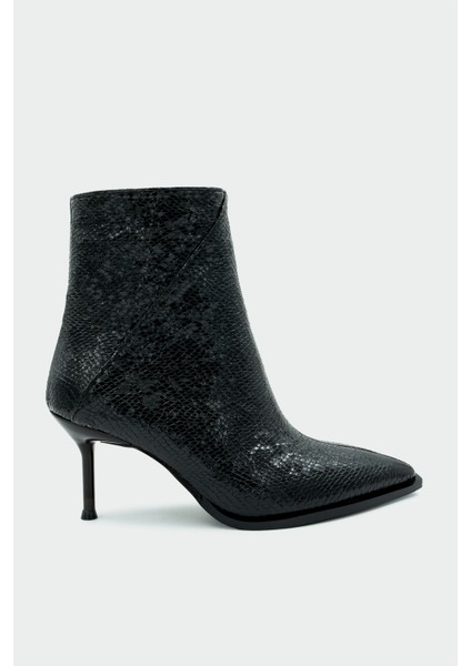 Luis Siyah Yılan Desenli Sivri Burun Kadın Bot