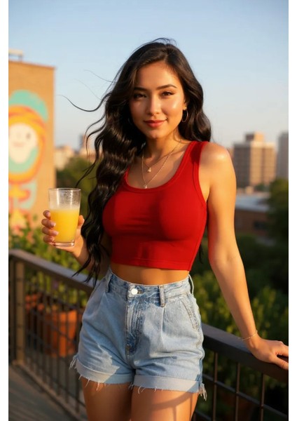 Kadın Kırmızı Kare Yaka Crop Top Bluz – Şık, Rahat ve Kolay Kombinlenebilir