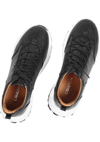 Erkek Siyah Bağcıklı Kalın Tabanlı Deri Sneaker