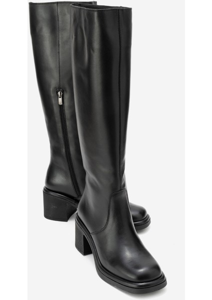 Fros Siyah Cilt Hakiki Deri Kadın Kalın Topuklu Çizme