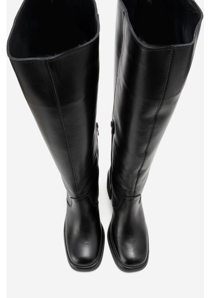 Fros Siyah Cilt Hakiki Deri Kadın Kalın Topuklu Çizme fiyatları