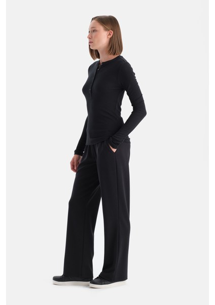 Siyah Yarım Düğmeli Kaşmir Modal Uzun Kollu Tişört modelleri