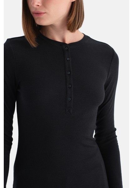 Siyah Yarım Düğmeli Kaşmir Modal Uzun Kollu Tişört indirimleri
