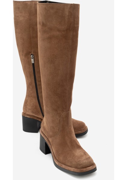 Fros Taba Süet Hakiki Deri Kadın Kalın Topuklu Çizme