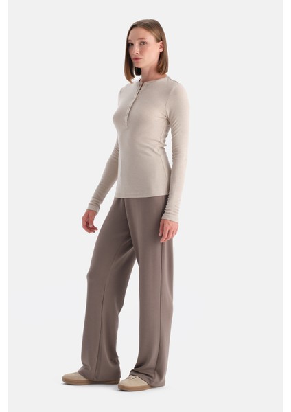 Sütlü Kahve Yarım Düğmeli Kaşmir Modal Uzun Kollu Tişört modelleri