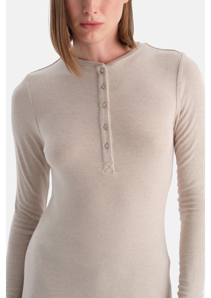 Sütlü Kahve Yarım Düğmeli Kaşmir Modal Uzun Kollu Tişört