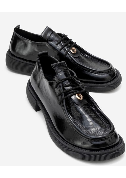 Band Siyah Kırışık Rugan Hakiki Deri Bağcıklı Kadın Loafer Ayakkabı