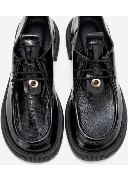 Band Siyah Kırışık Rugan Hakiki Deri Bağcıklı Kadın Loafer Ayakkabı fiyatları