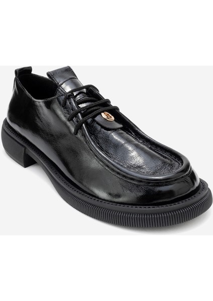 Band Siyah Kırışık Rugan Hakiki Deri Bağcıklı Kadın Loafer Ayakkabı modelleri