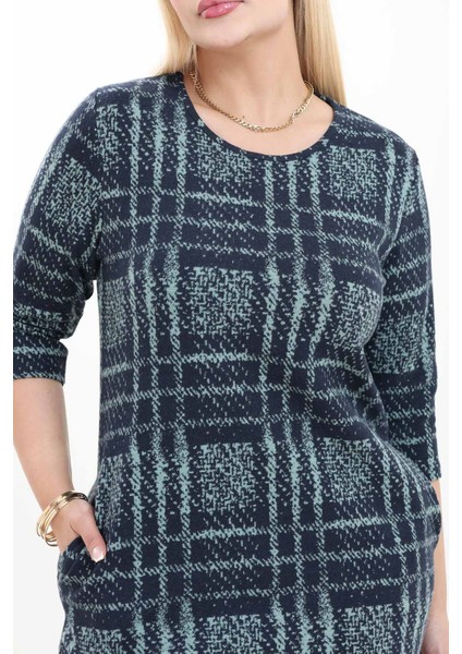 Çift Cepli Desenli Esnek Kışlık Büyük Beden Midi Elbise 37D-2744 modelleri