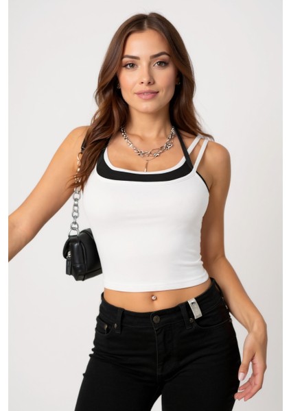 Kadın Siyah Beyaz Çift Renk Çapraz Askılı Crop Top Bluz