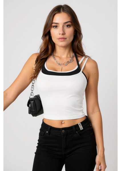 Kadın Siyah Beyaz Çift Renk Çapraz Askılı Crop Top Bluz modelleri