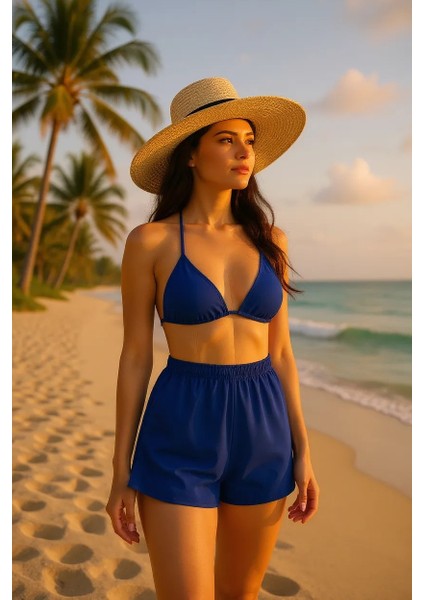 Kadın Mavi Şortlu Belden ve Boyundan Bağlamalı Bikini Takımı – Modern, Konforlu ve Günlük Kombinlere Uygun modelleri