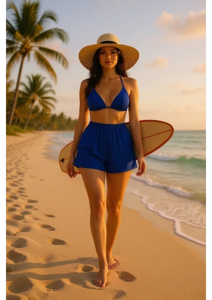 Kadın Mavi Şortlu Belden ve Boyundan Bağlamalı Bikini Takımı – Modern, Konforlu ve Günlük Kombinlere Uygun indirimleri
