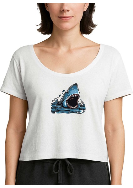 Shark Cartoon Beyaz Kadın Tişört