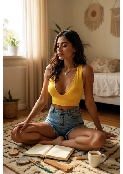 Kadın Sarı Çapraz Sırt Detaylı Şık Crop Top Büstiyer – Modern ve Şık Tasarım