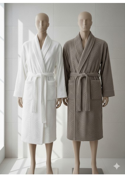 Kabartma Yaprak Desenli Çift Bornoz Seti | Beyaz & Gri/bej fiyatları