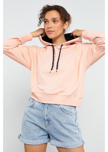 Pembe Uzun Kol Rahat Form Kapüşonlu Kadın Sweatshirt - 97115